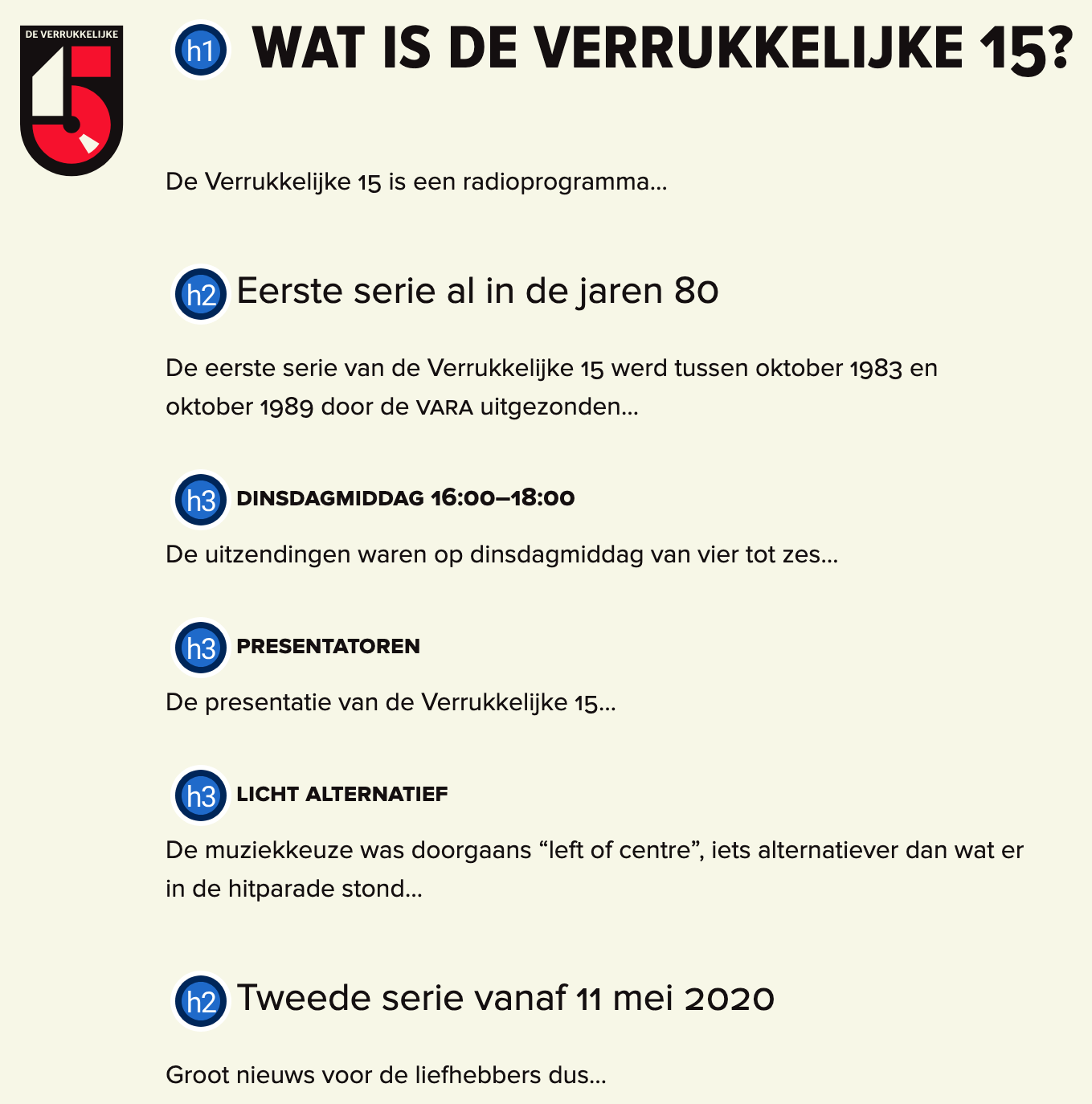 Screenshot van de WAVE Evaluation tool die de koppenstructuur van een pagina visueel weergeeft met genummerde kopniveaus